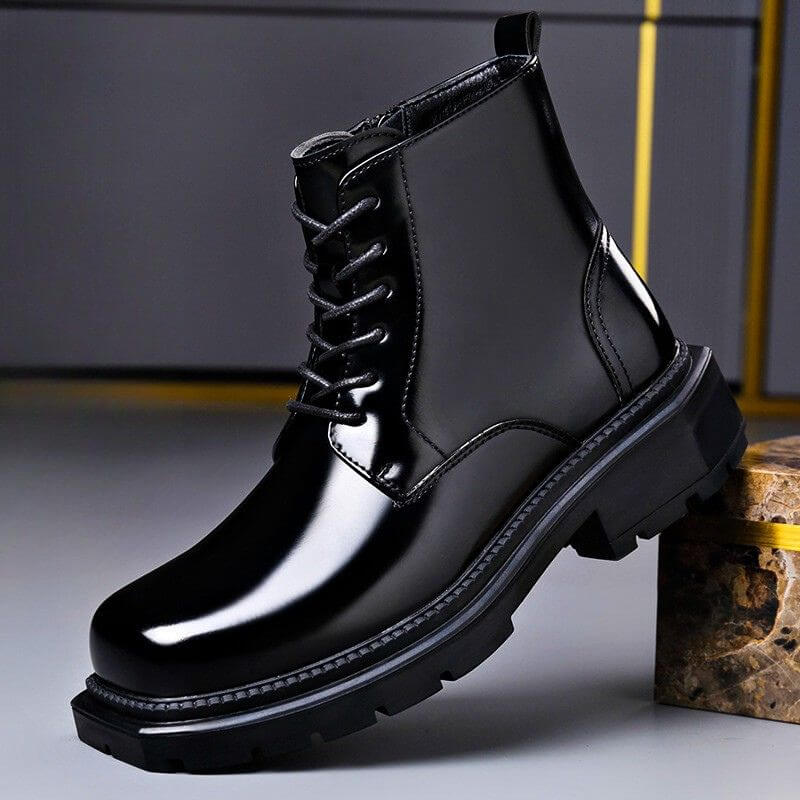 Men's Genuine Leather Derby Boots Polished Lace Up Footwear