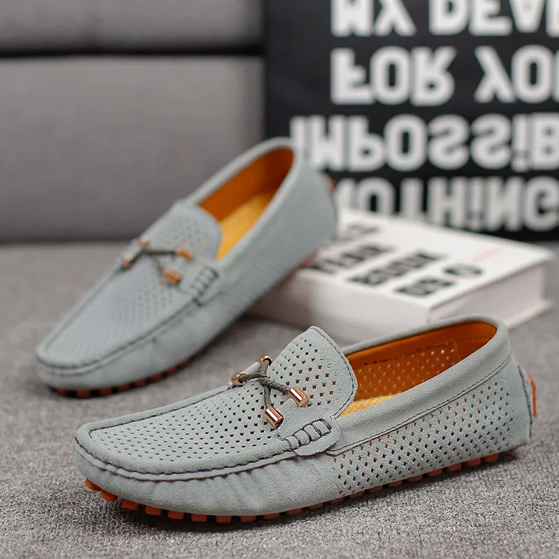 Men's Perforated Leather Driving Loafers Breathable Slip On Shoes