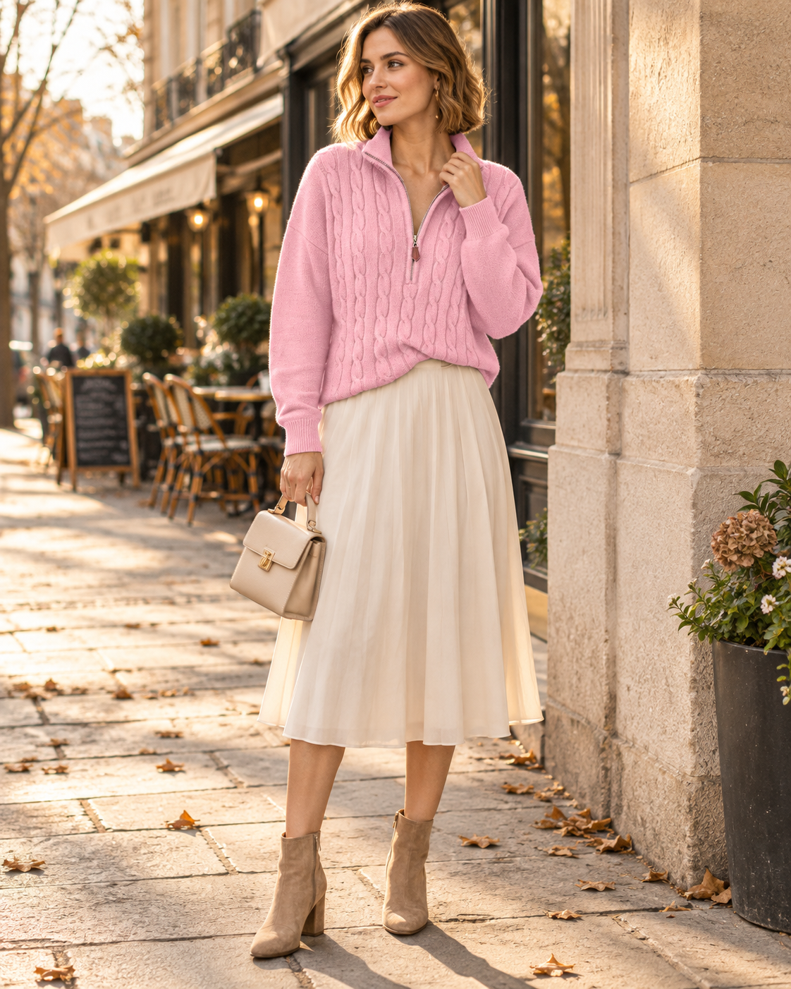 Women's Stand-Collar Quarter-Zip Sweater with Front Cable Panel - Pink