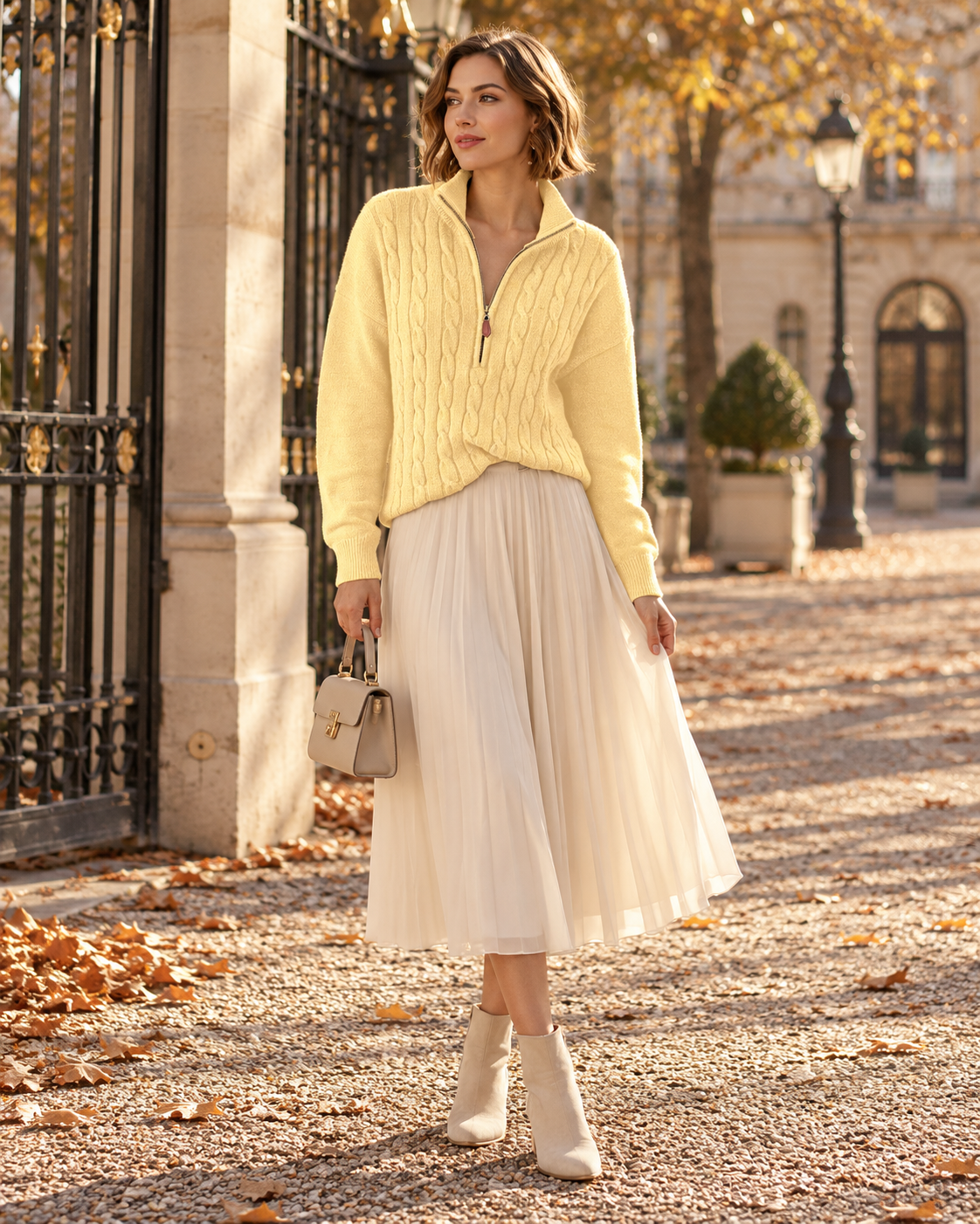 Women's Stand-Collar Quarter-Zip Sweater with Front Cable Panel - Yellow