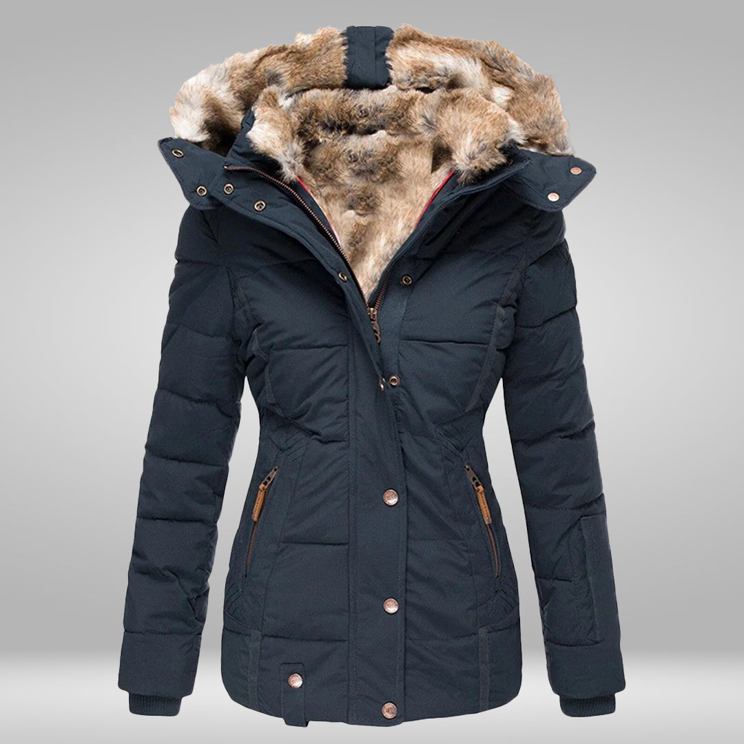 Women's High-Neck Padded Puffer with Faux Fur Hood Trim - Navy Blue
