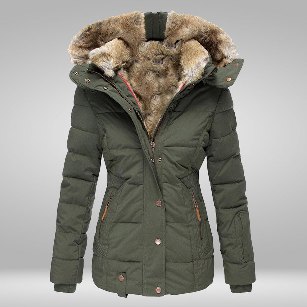 Women's High-Neck Padded Puffer with Faux Fur Hood Trim - Army Green