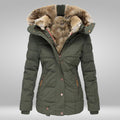 Women's High-Neck Padded Puffer with Faux Fur Hood Trim - Army Green