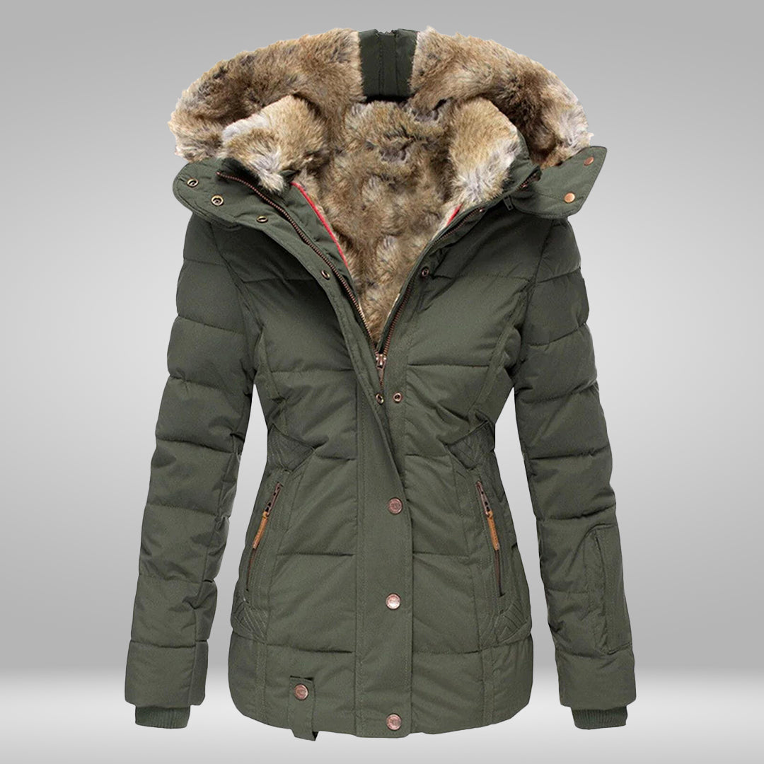 Women's High-Neck Padded Puffer with Faux Fur Hood Trim - Army Green