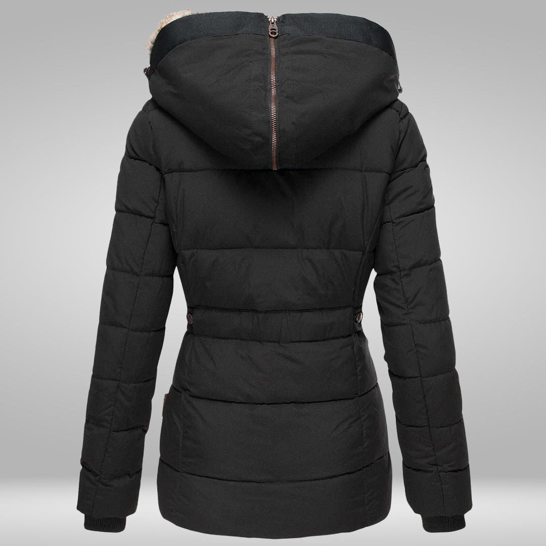 Women's High-Neck Padded Puffer with Faux Fur Hood Trim