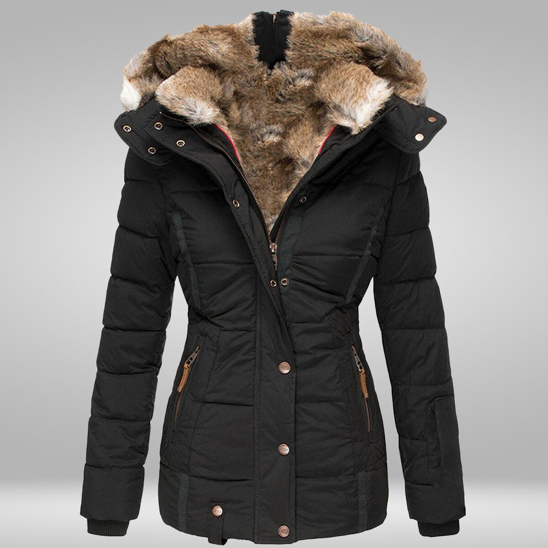 Women's High-Neck Padded Puffer with Faux Fur Hood Trim - Black