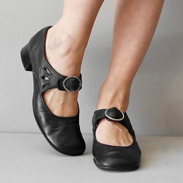 Women's Buckle Strap Leather Mary Janes with Modest Heel - Black