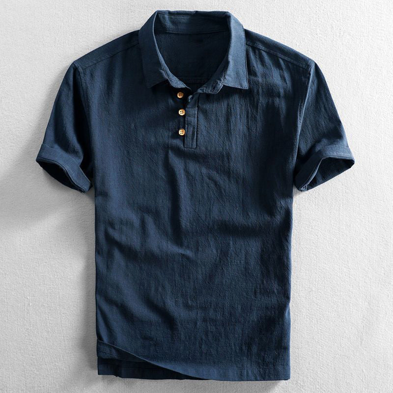 Men's Short Sleeve Linen Look Polo Shirt with Button