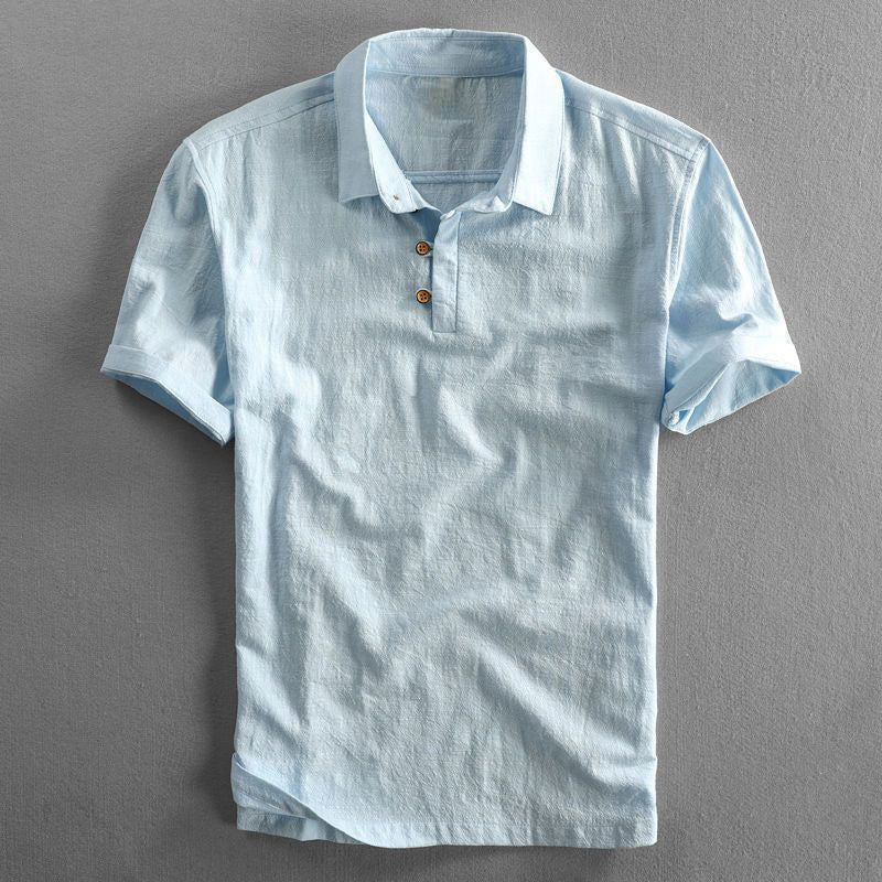 Men's Short Sleeve Linen Look Polo Shirt with Button