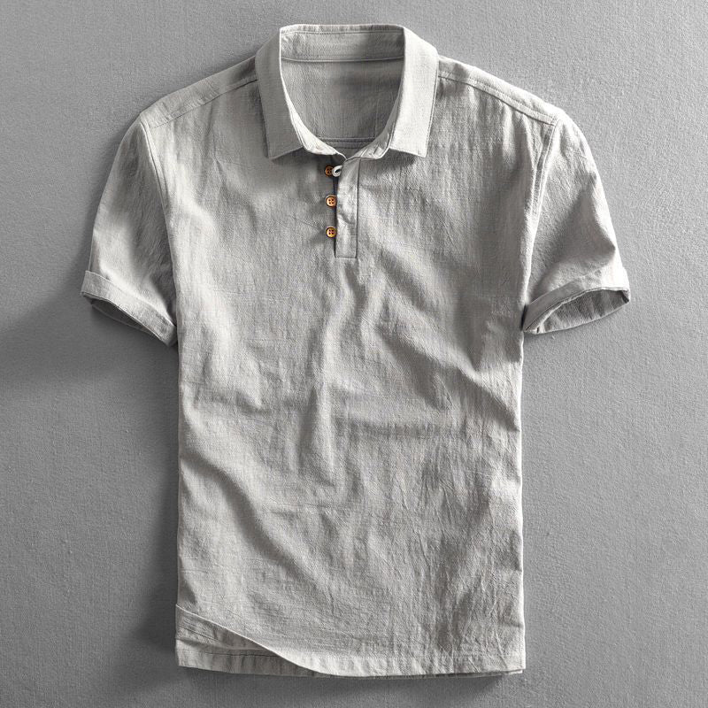 Men's Short Sleeve Linen Look Polo Shirt with Button