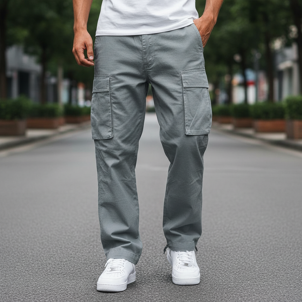 Men's Relaxed Fit Cotton Cargo Trousers Breathable Tapered Streetwear