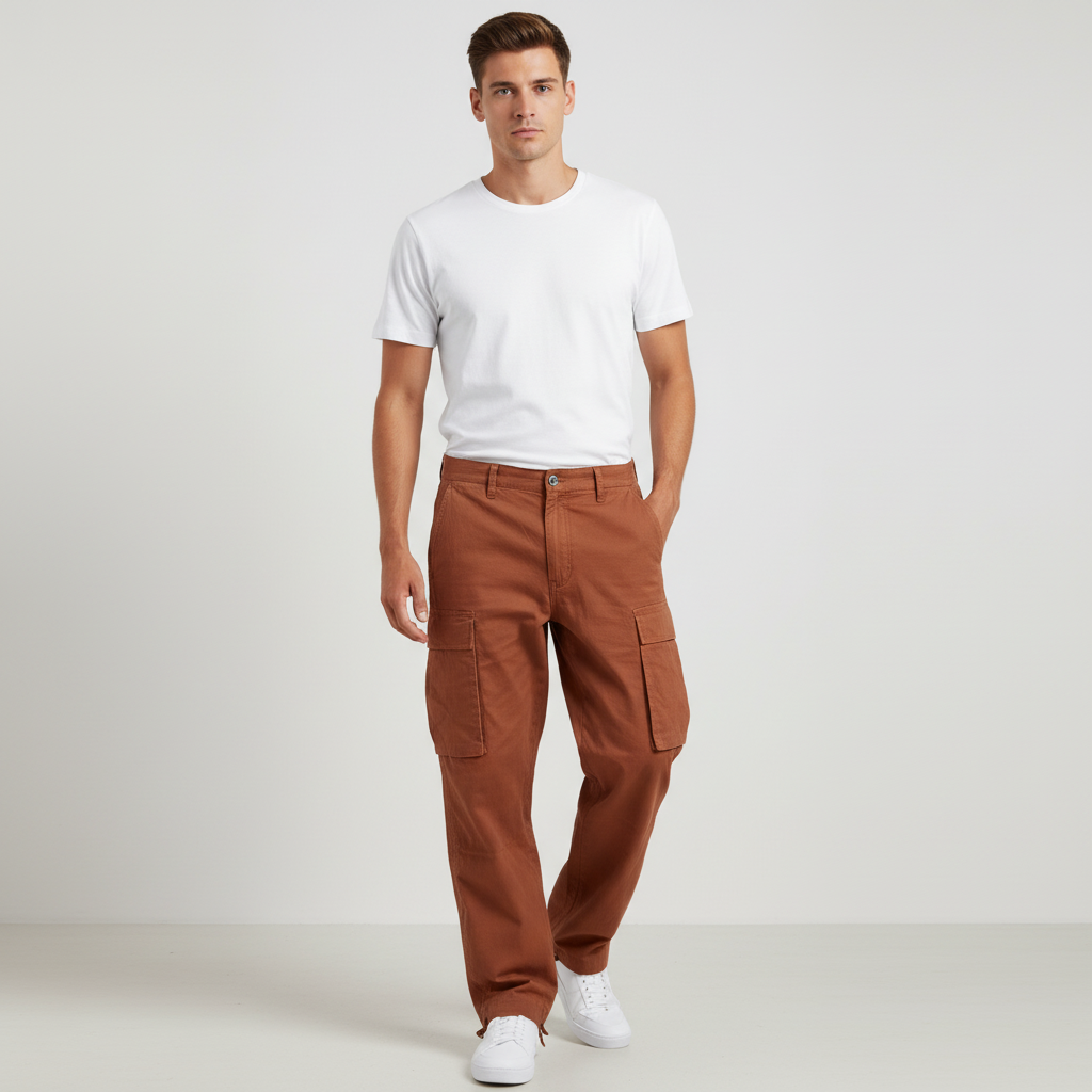 Men's Relaxed Fit Cotton Cargo Trousers Breathable Tapered Streetwear