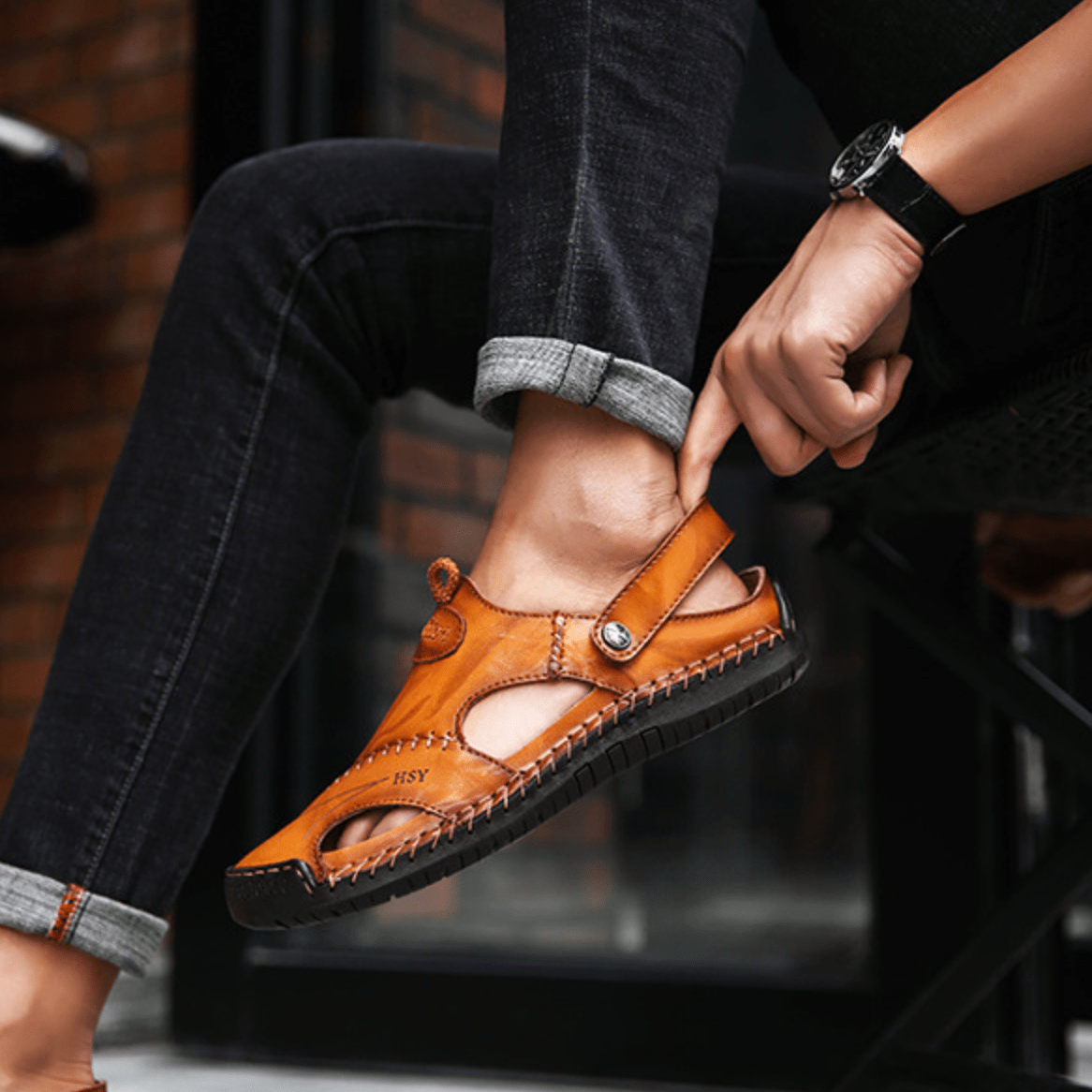 Men's Leather Sandals Cut Out Design Adjustable Strap Summer