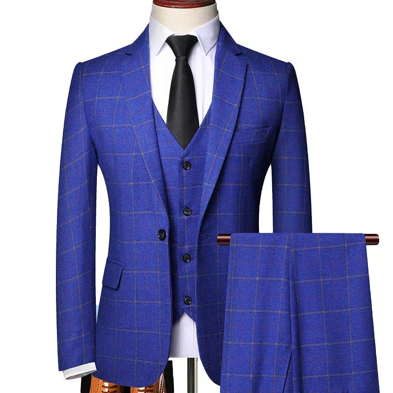 Men's Checked Three Piece Tailored Formal Suit Set