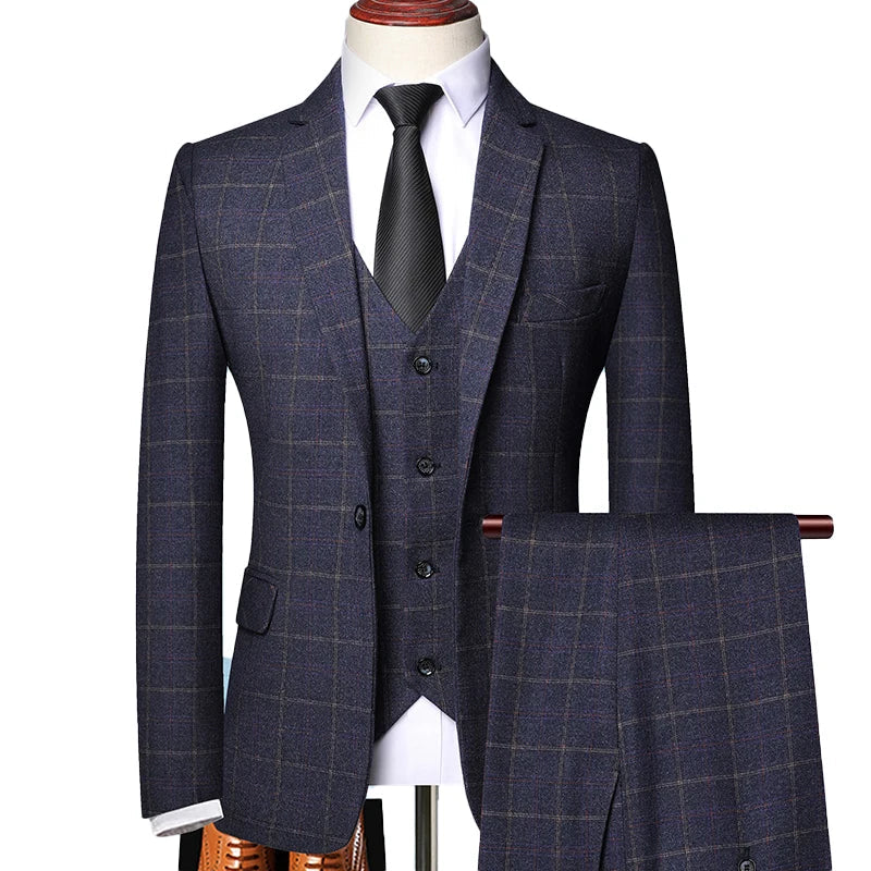 Men's Checked Three Piece Tailored Formal Suit Set