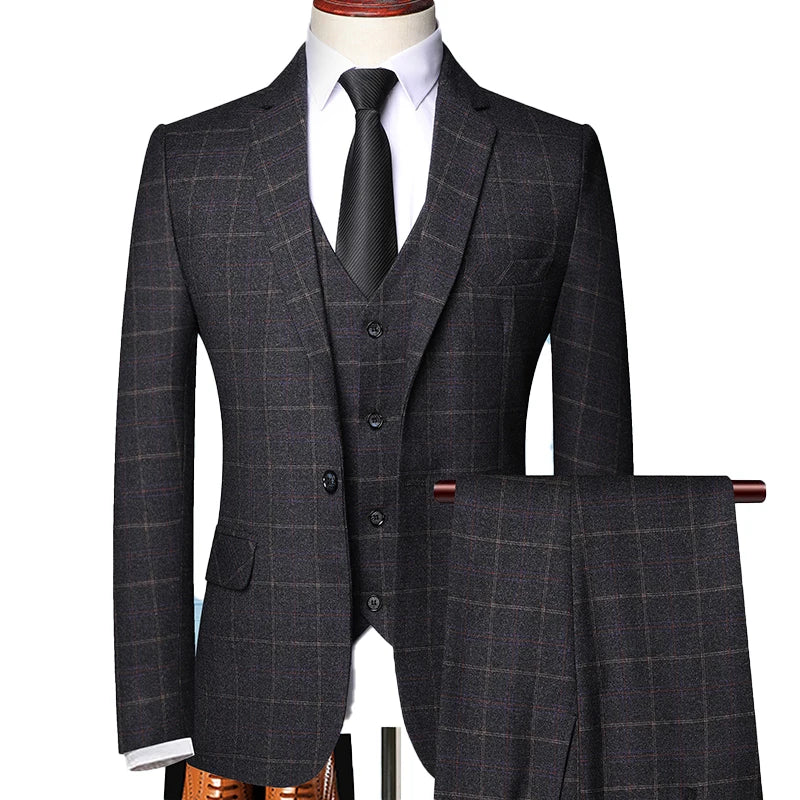 Men's Checked Three Piece Tailored Formal Suit Set