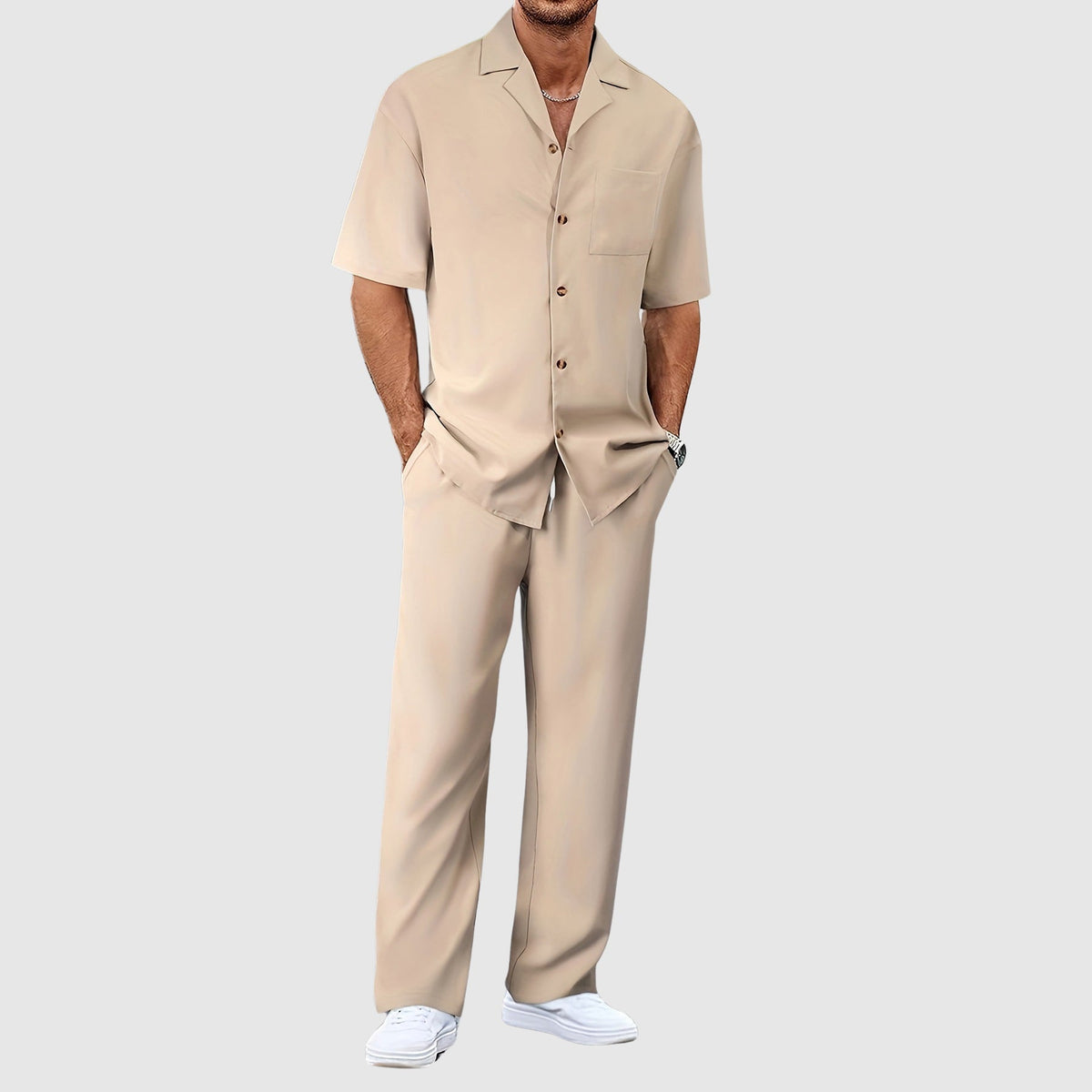 Men's Resort Co Ord Set Revere Collar Relaxed Trousers