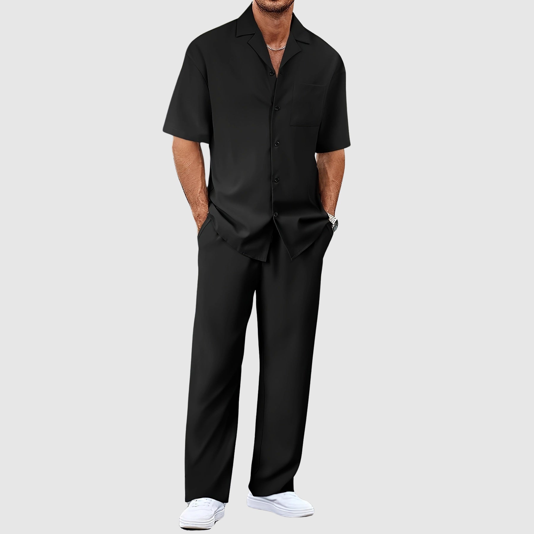 Men's Resort Co Ord Set Revere Collar Relaxed Trousers