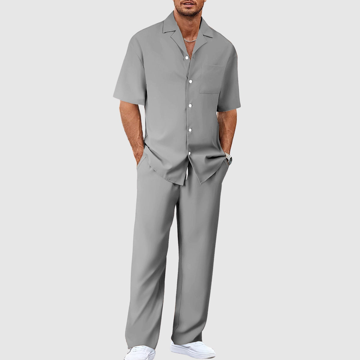 Men's Resort Co Ord Set Revere Collar Relaxed Trousers