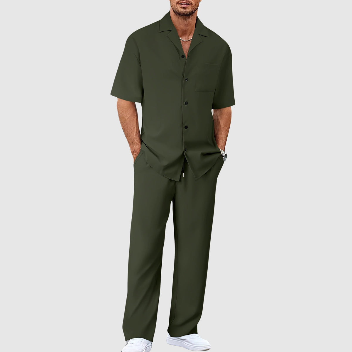 Men's Resort Co Ord Set Revere Collar Relaxed Trousers