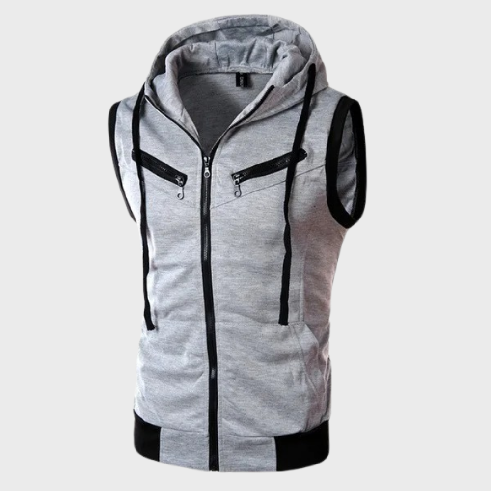 Men's Full-Zip Vest with Removable Hood and Contrast Zips - Light Gray