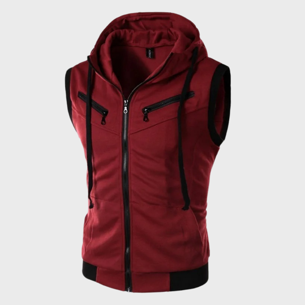 Men's Full-Zip Vest with Removable Hood and Contrast Zips - Wine Red