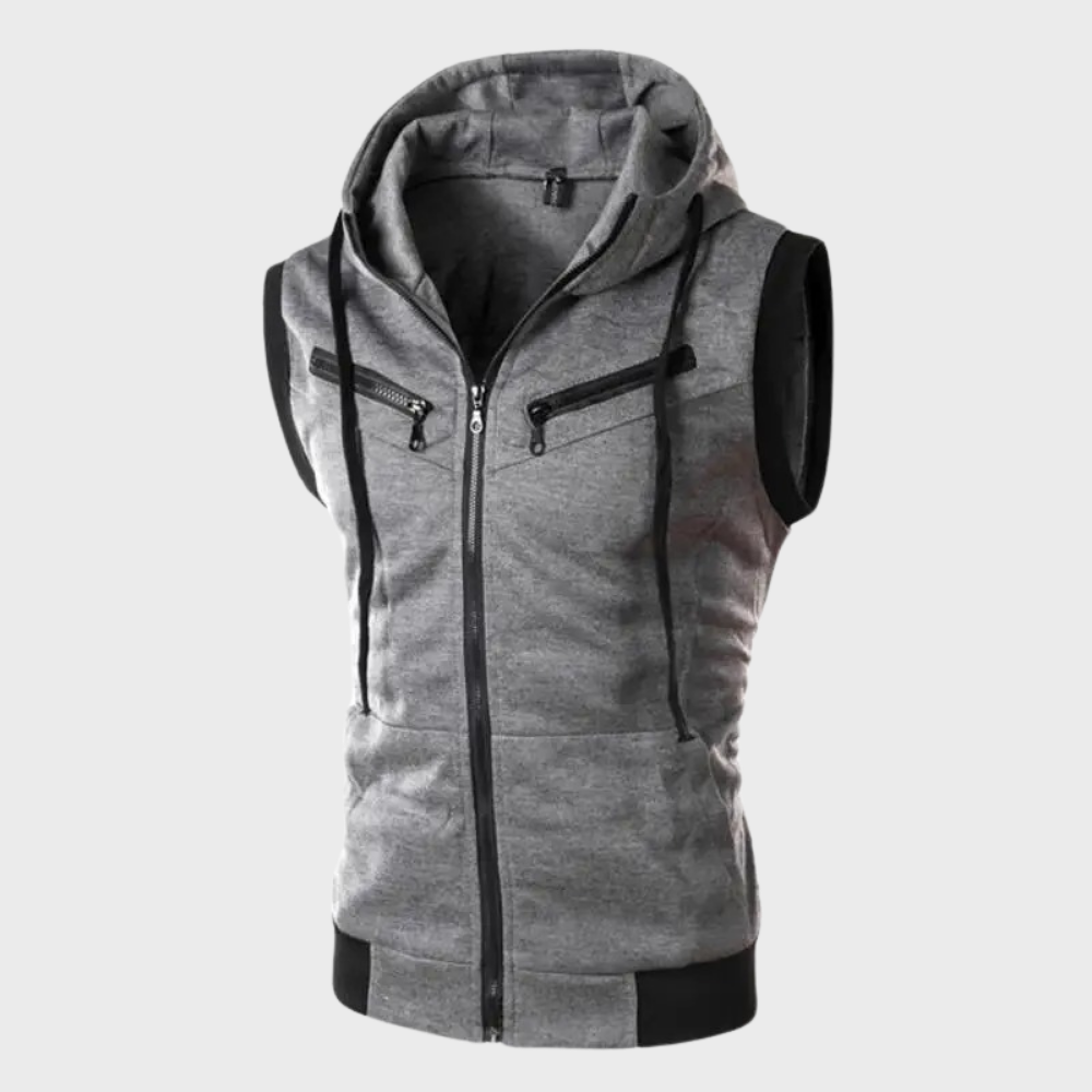 Men's Full-Zip Vest with Removable Hood and Contrast Zips - Gray