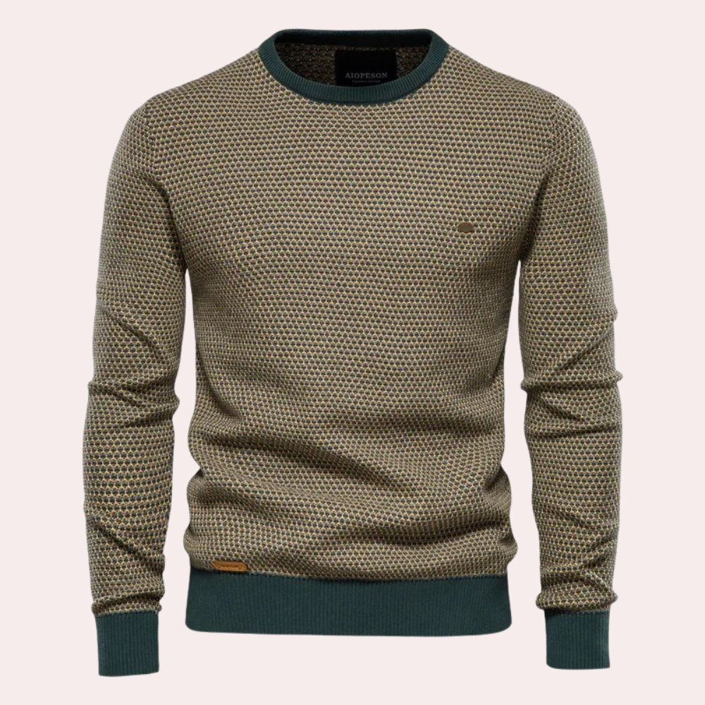 Men's Printed Crew Neck Sweater with Contrast Ribbing