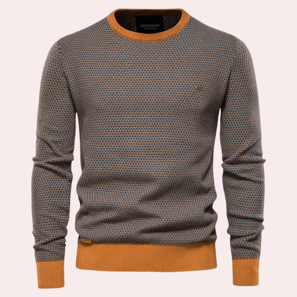 Men's Printed Crew Neck Sweater with Contrast Ribbing