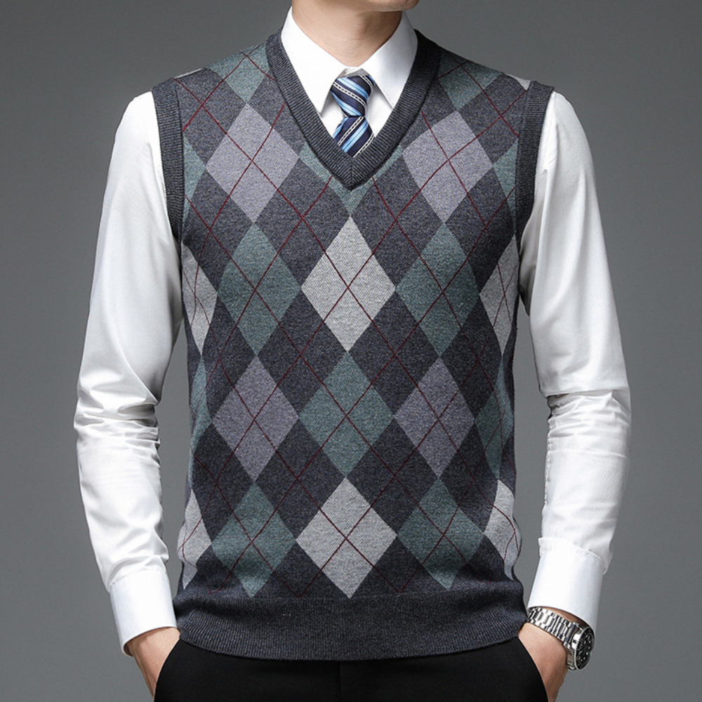 Men's Printed V Neck Sweater Vest Tailored Knit