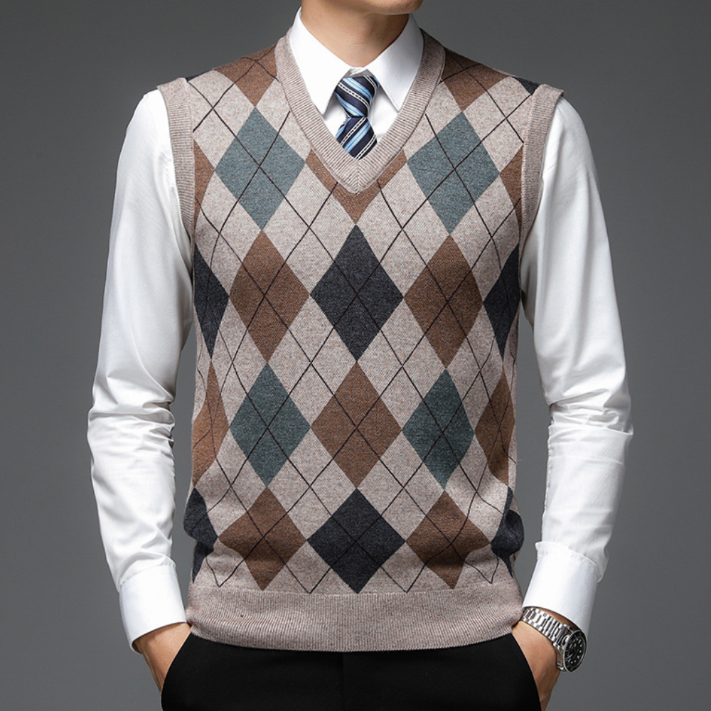 Men's Printed V Neck Sweater Vest Tailored Knit