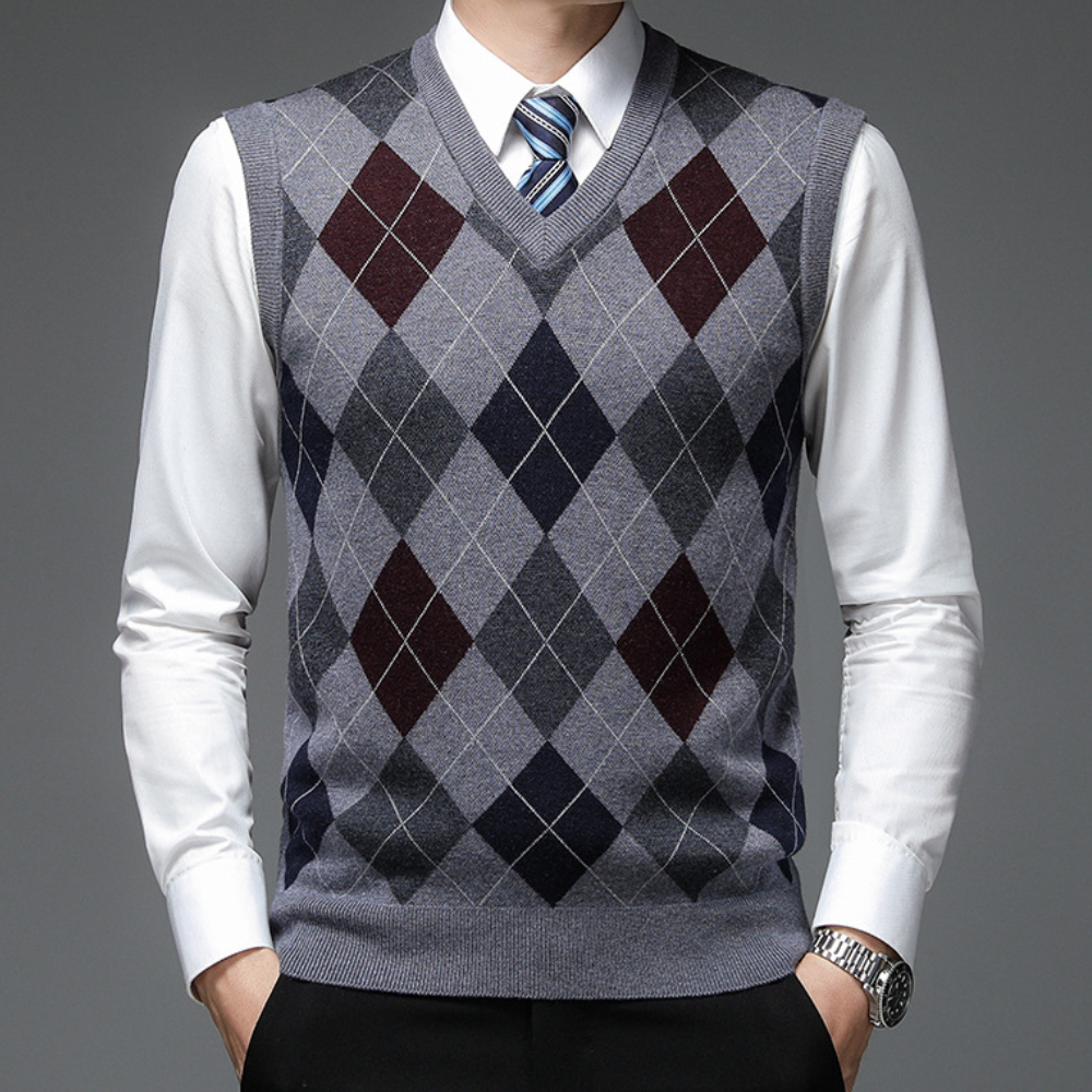 Men's Printed V Neck Sweater Vest Tailored Knit