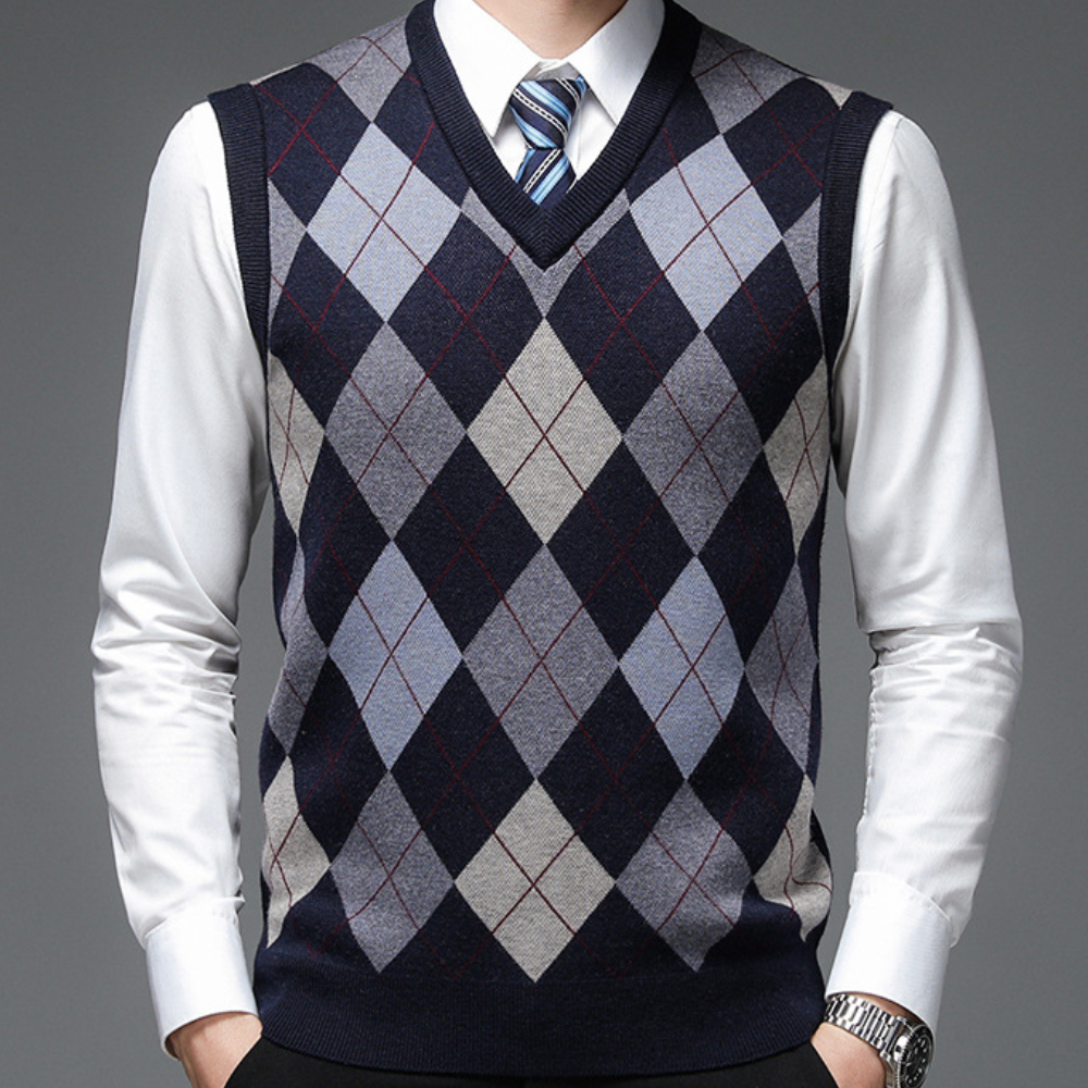 Men's Printed V Neck Sweater Vest Tailored Knit
