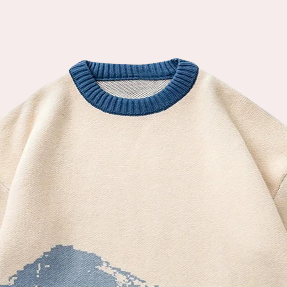 Men's Oversized Printed Knit Sweater with Ribbed Trim