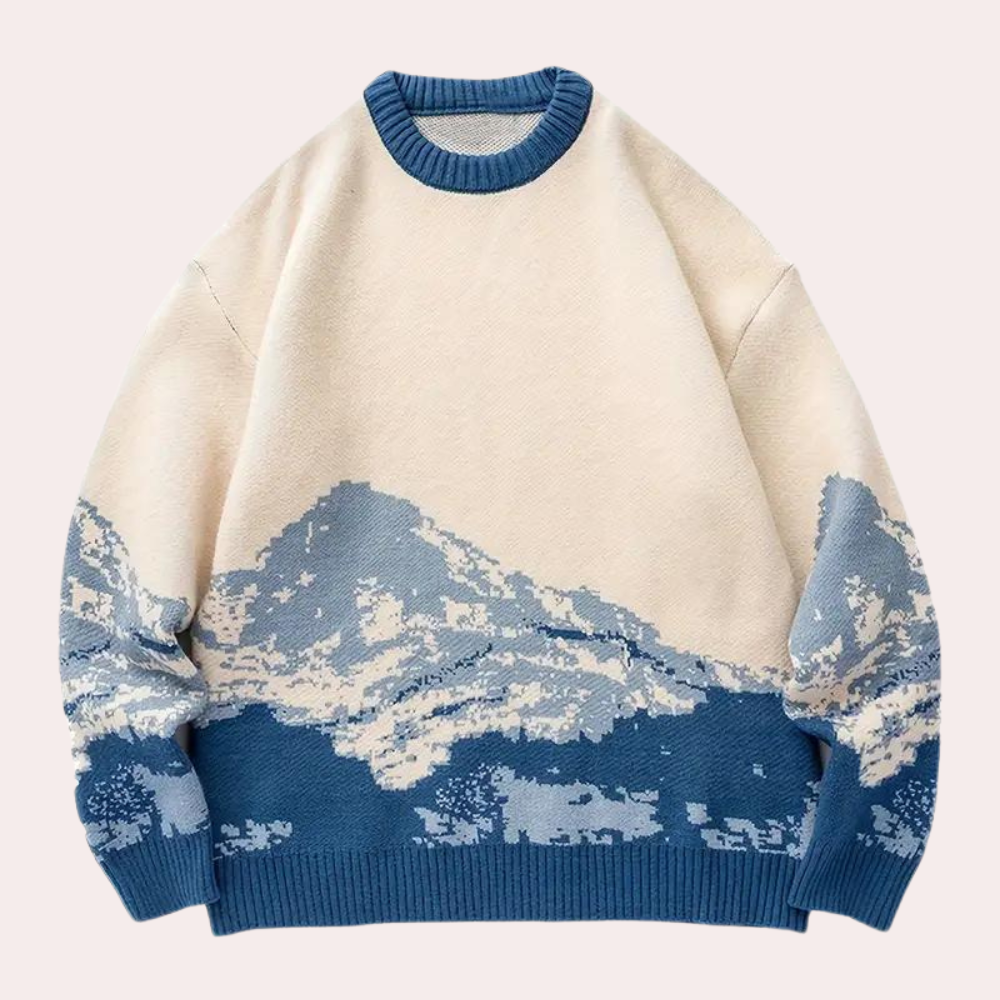 Men's Oversized Printed Knit Sweater with Ribbed Trim