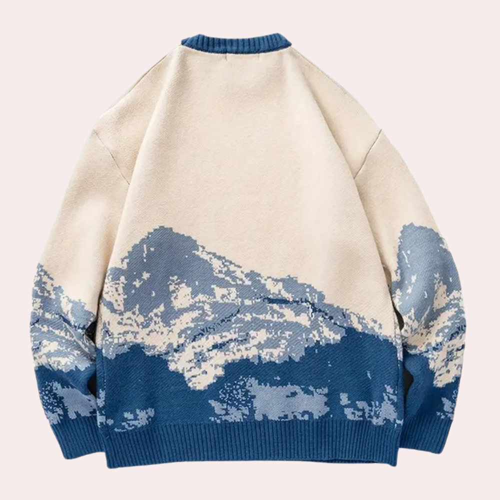 Men's Oversized Printed Knit Sweater with Ribbed Trim