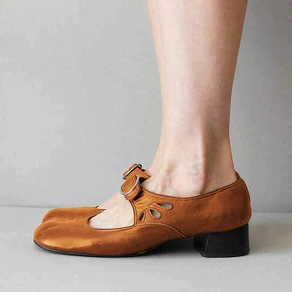 Women's Buckle Strap Leather Mary Janes with Modest Heel