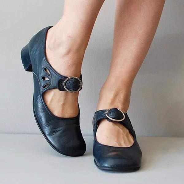 Women's Buckle Strap Leather Mary Janes with Modest Heel - Navy Blue