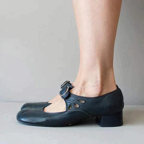 Women's Buckle Strap Leather Mary Janes with Modest Heel