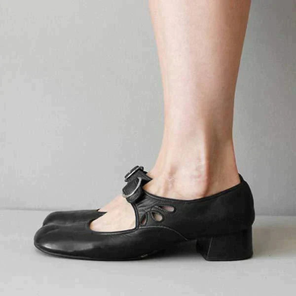 Women's Buckle Strap Leather Mary Janes with Modest Heel