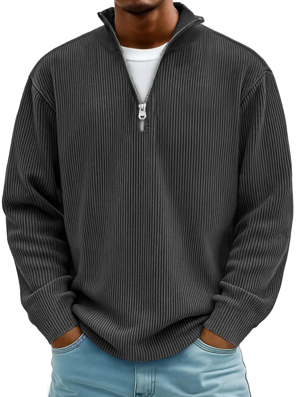 Men's Ribbed Half Zip Sweatshirt Relaxed Oversized Casual Knit