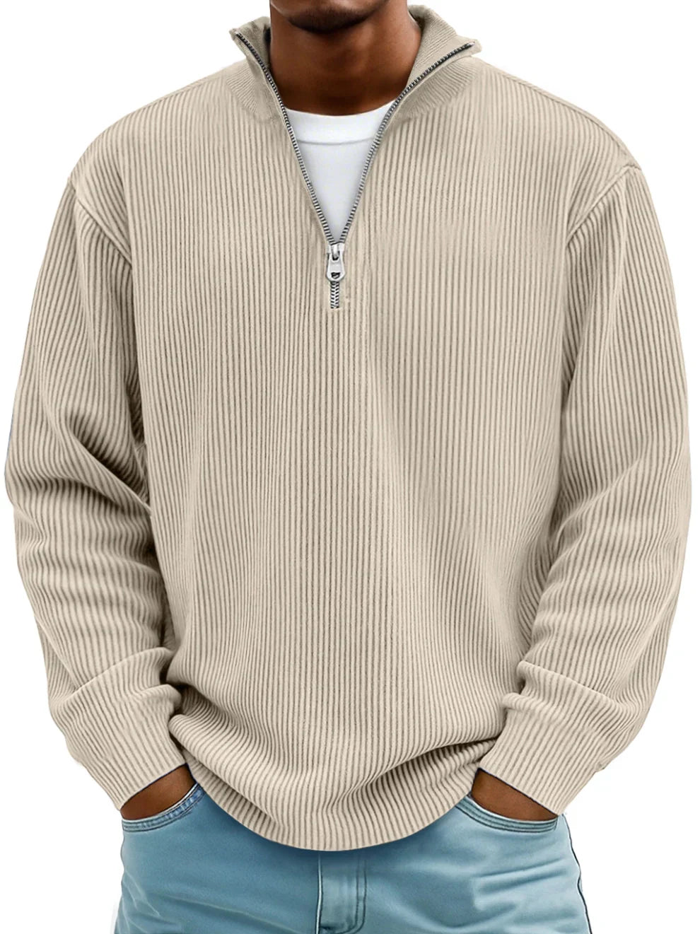 Men's Ribbed Half Zip Sweatshirt Relaxed Oversized Casual Knit