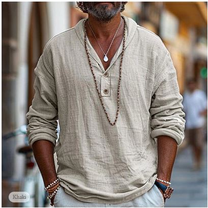 Men's Long Sleeve Linen V Neck Casual Summer Shirt