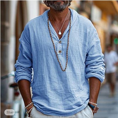 Men's Long Sleeve Linen V Neck Casual Summer Shirt