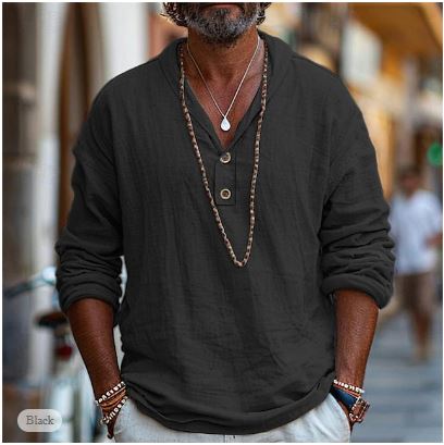 Men's Long Sleeve Linen V Neck Casual Summer Shirt