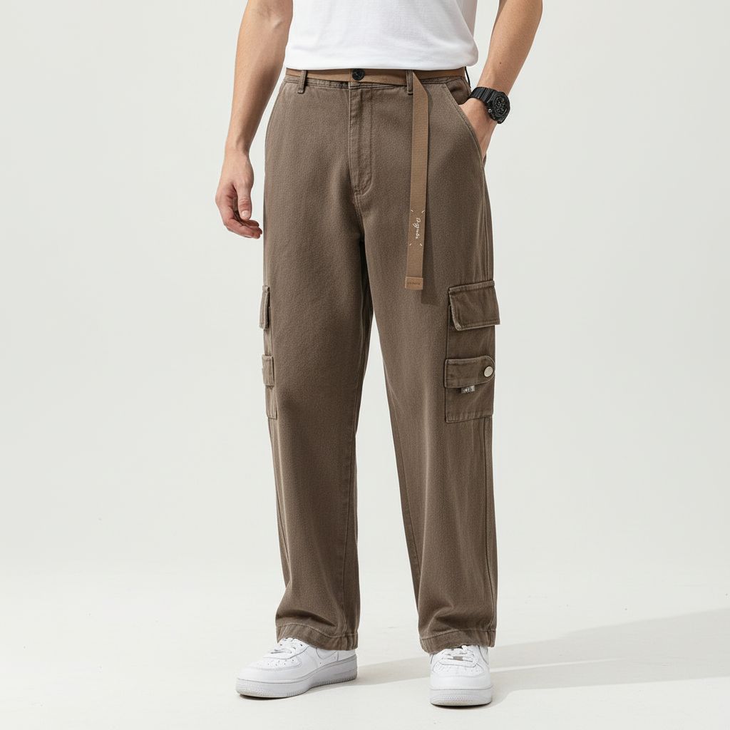 Men's Loose Fit Cotton Cargo Trousers Multi Pocket Utility