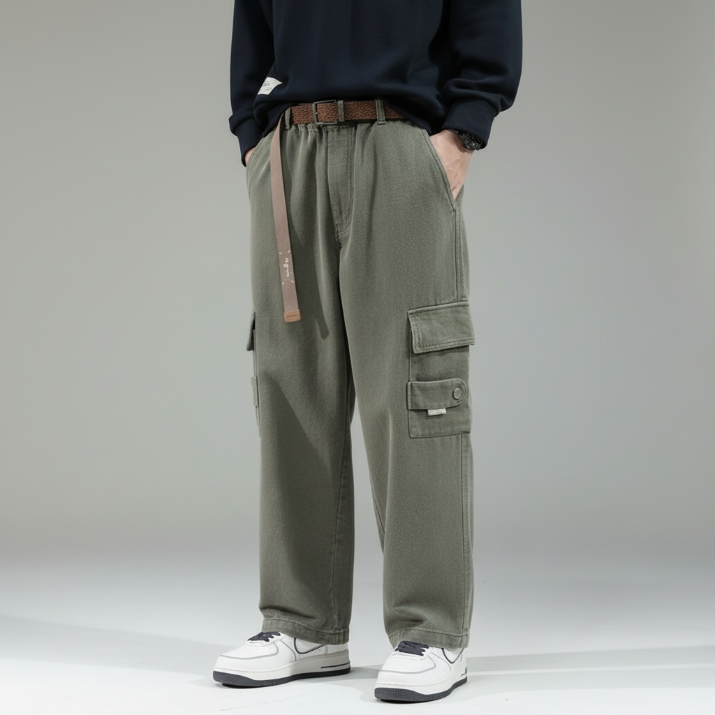 Men's Loose Fit Cotton Cargo Trousers Multi Pocket Utility
