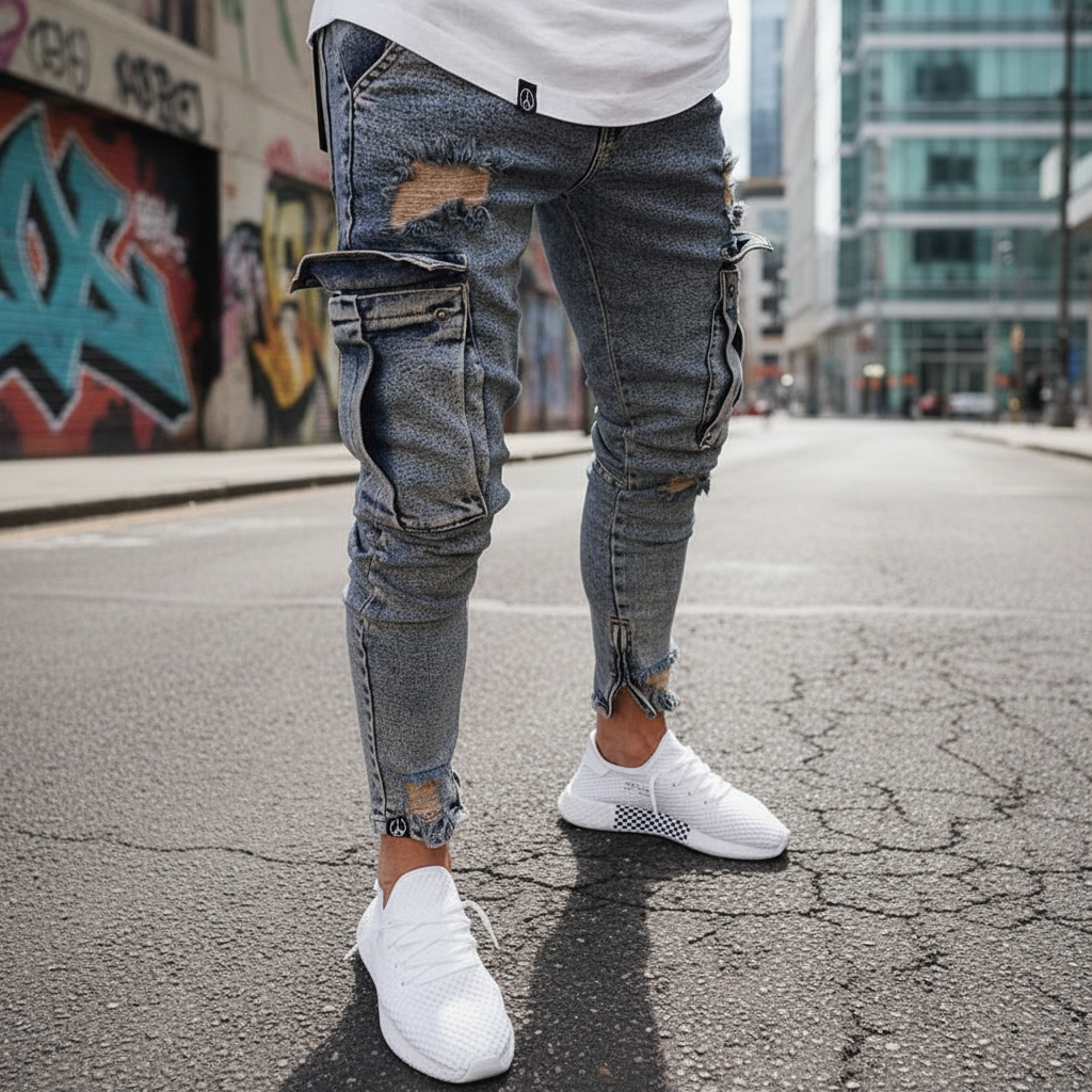 Men's Tapered Denim Cargo Trousers Utility Streetwear with Thigh