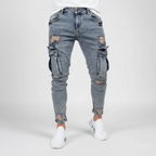 Men's Tapered Denim Cargo Trousers Utility Streetwear with Thigh