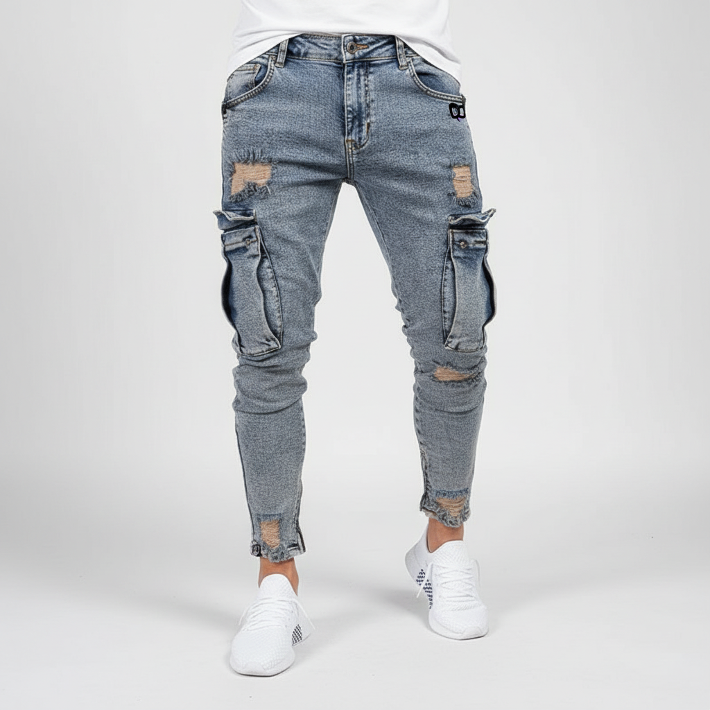 Men's Tapered Denim Cargo Trousers Utility Streetwear with Thigh